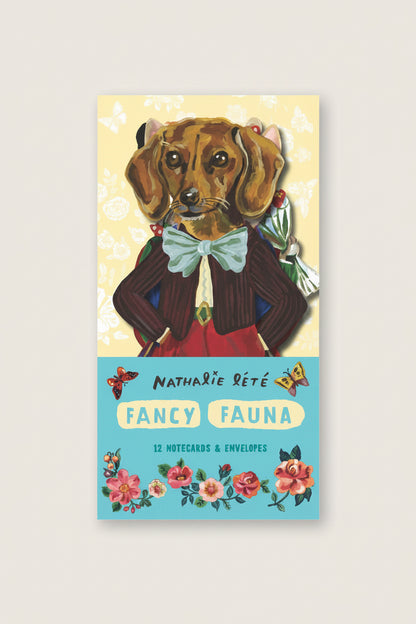 Cover with a dog illustration and 'Nathalie Déte Fancy Fauna' text on a yellow and blue background