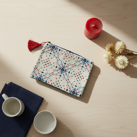 Fabric pouch with geometric pattern and red tassel on beige background with white, red, and blue elements