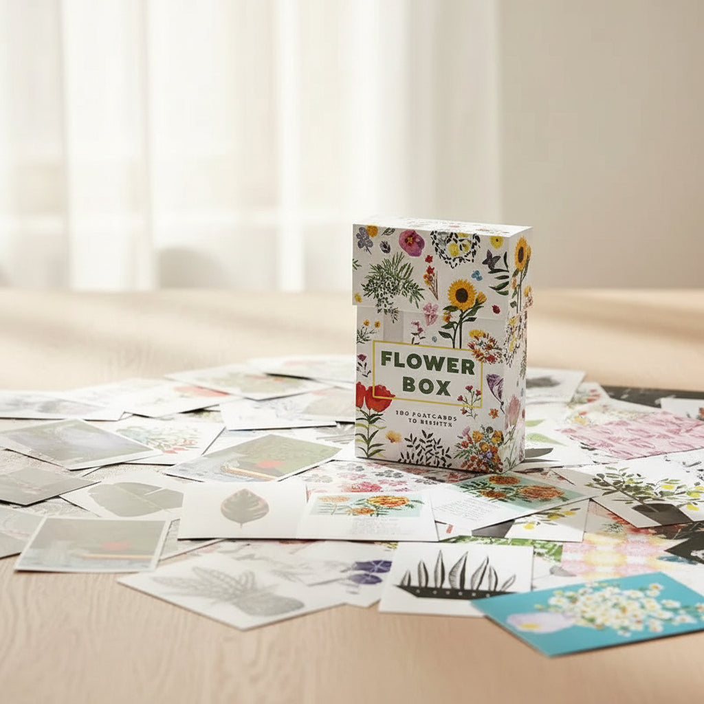 Collection of various floral and nature-themed postcards with a central 'Flower Box' card.