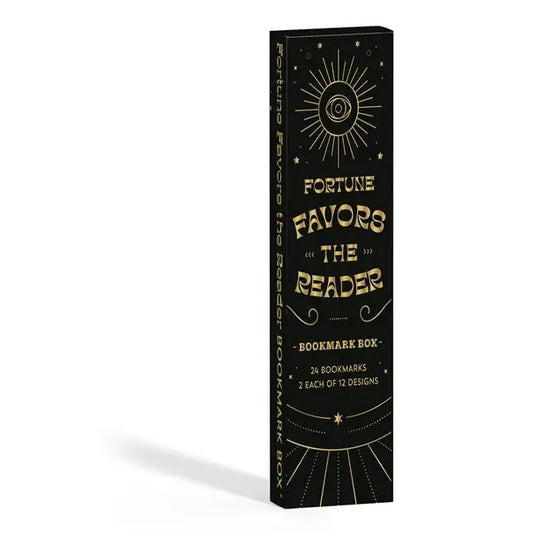 Bookmark box titled "Fortune Favors the Reader" featuring elegant type and floral design