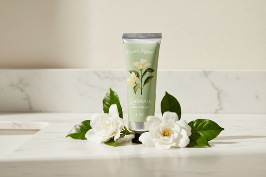 Hand cream tube with floral design on a beige background
