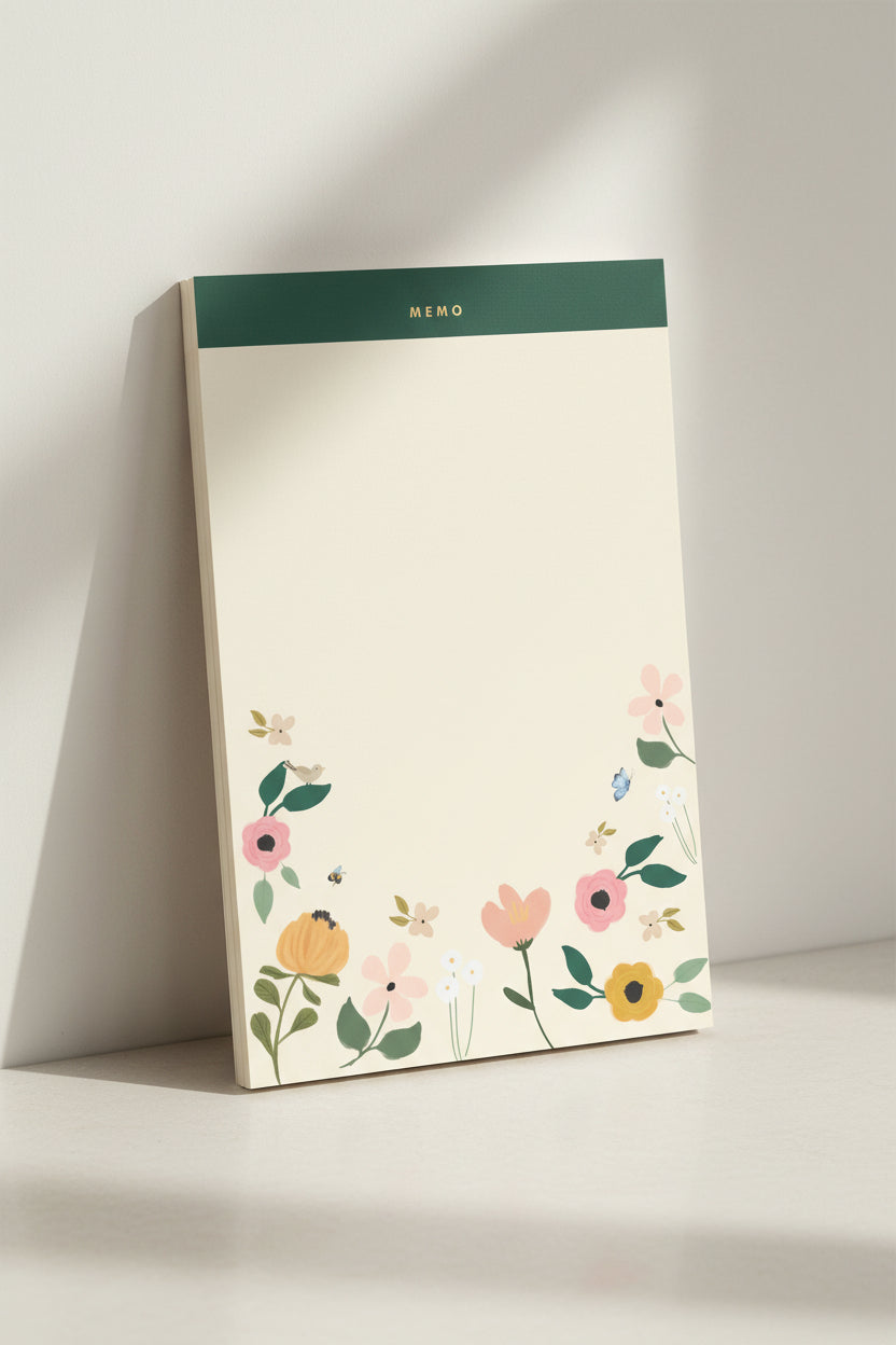 Botanical notepad with various flowers on a beige background