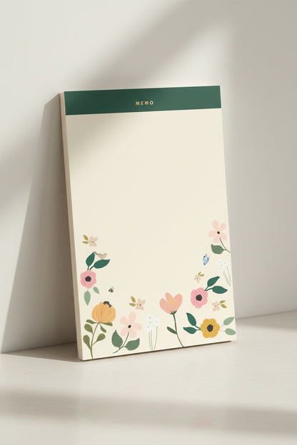 Botanical notepad with various flowers on a beige background
