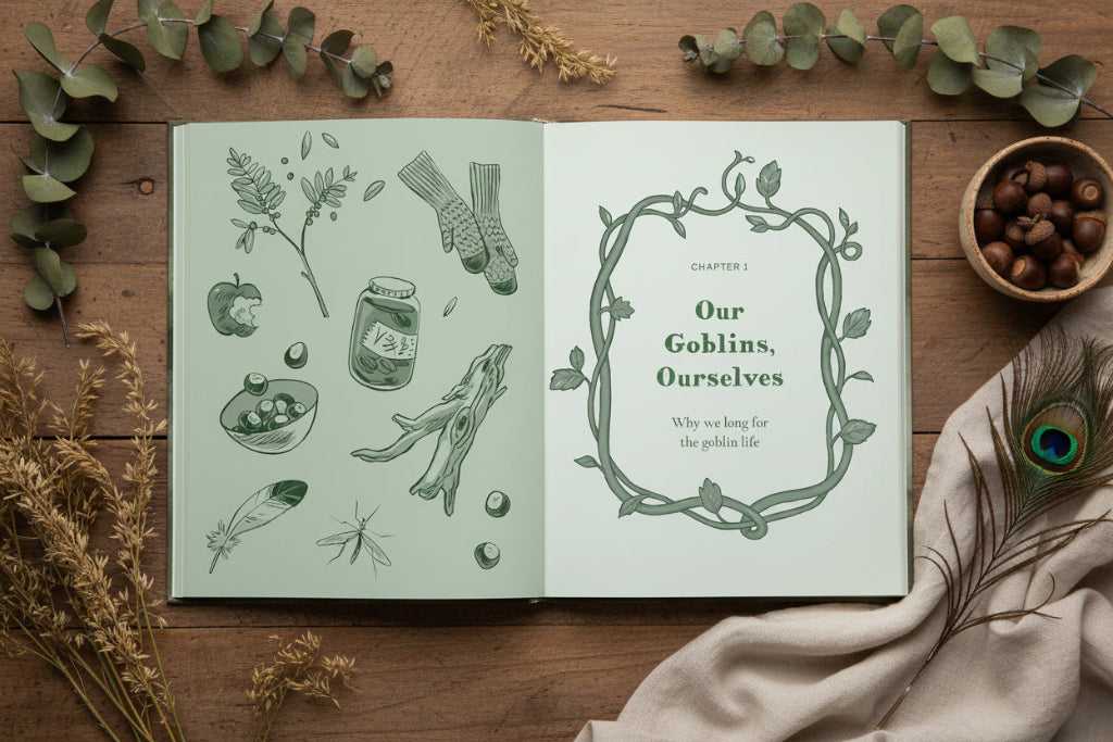 Book open to a page with illustrations and text on a wooden surface with decorative elements.