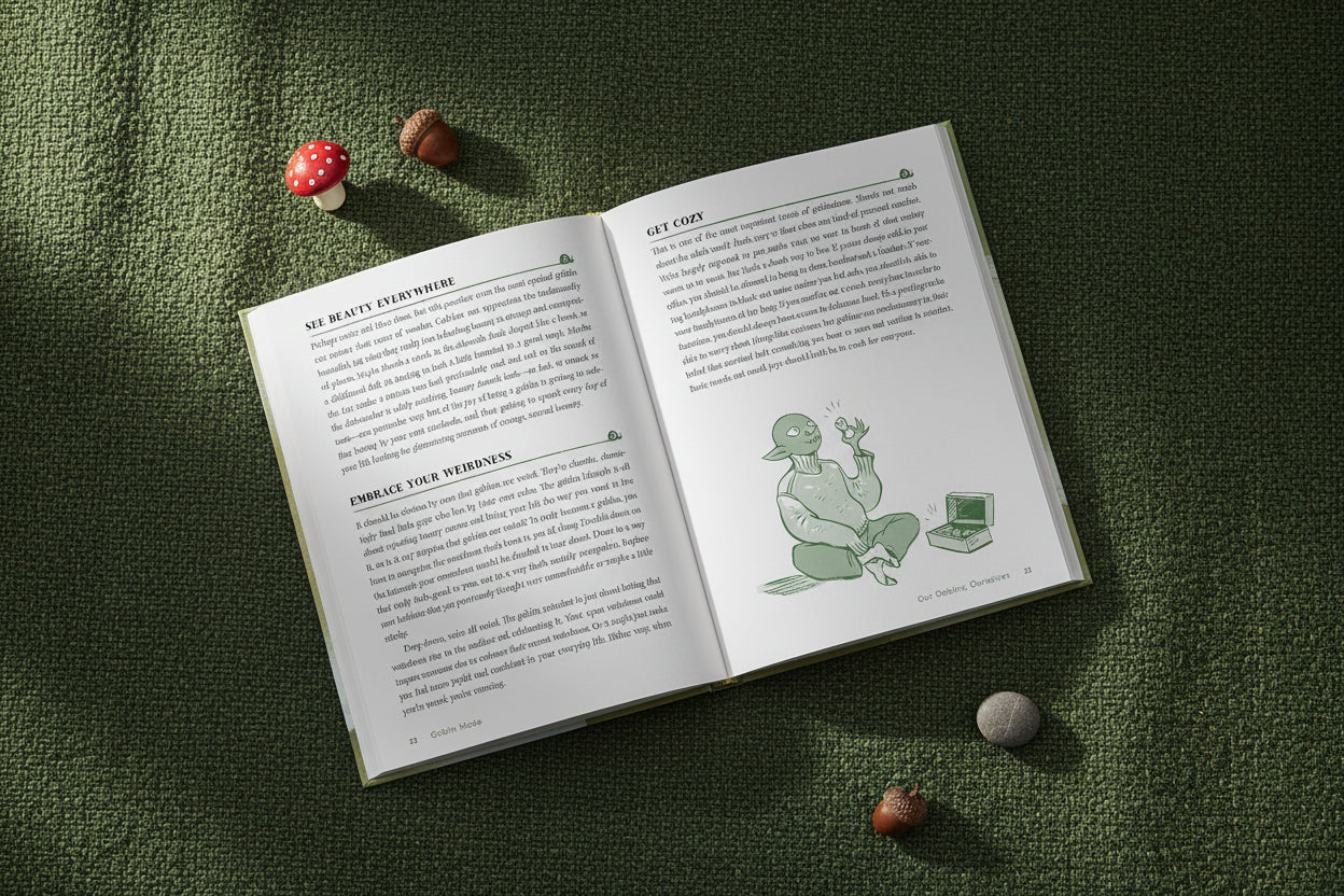 Text page from a book with a green goblin character on a green textured background with natural elements