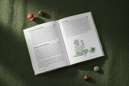 Text page from a book with a green goblin character on a green textured background with natural elements