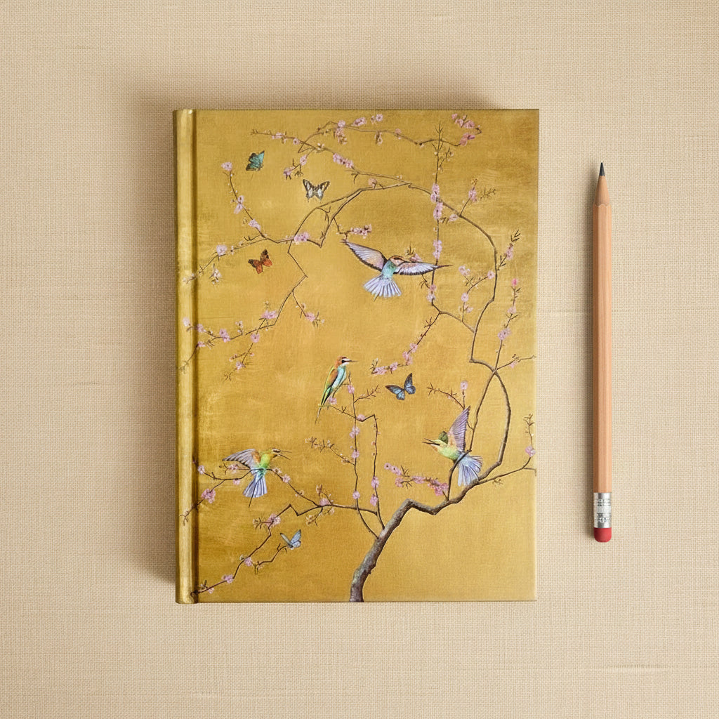 Image of the Golden Flight Journal on a beige textured background with a pencil next to it.