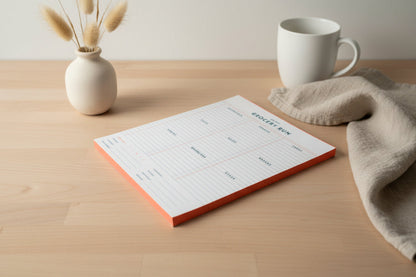 White notepad with orange edge on a white background