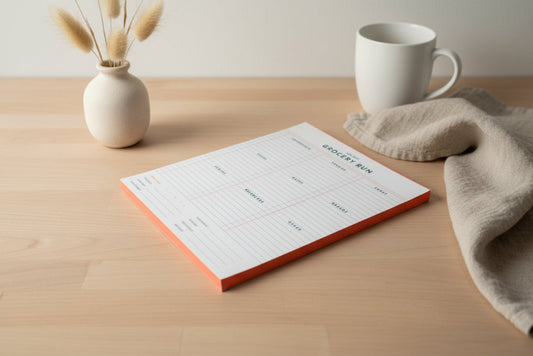 White notepad with orange edge on a white background