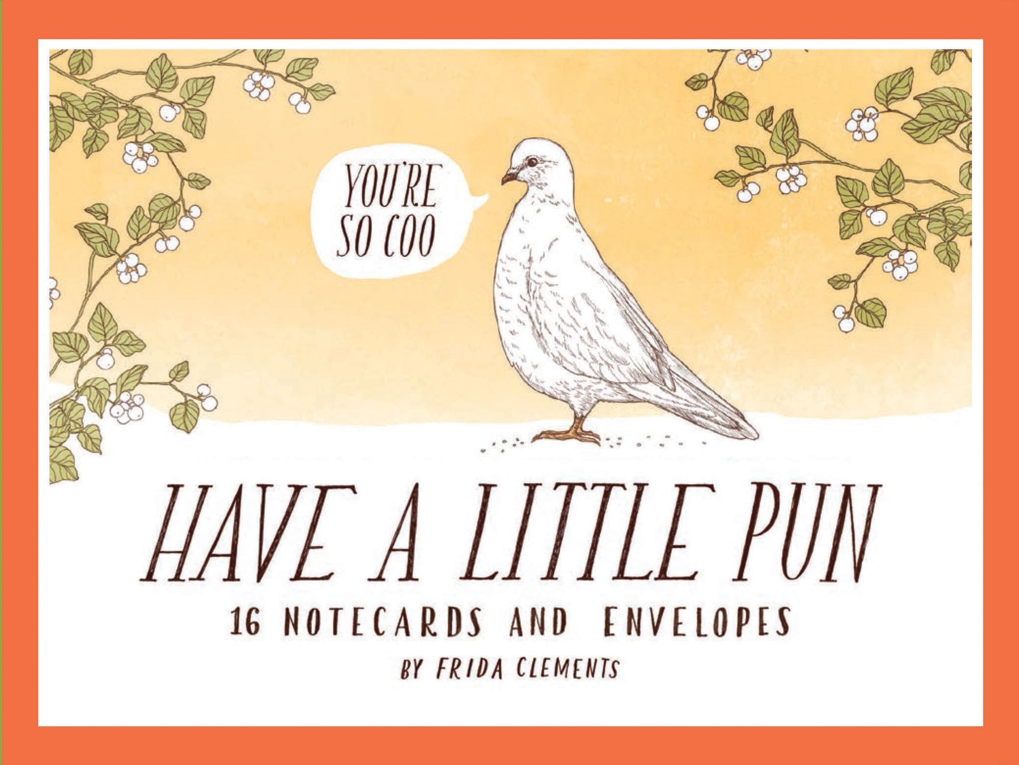 Boxed set of 16 notecards featuring whimsical animal illustrations and puns by Frida Clements