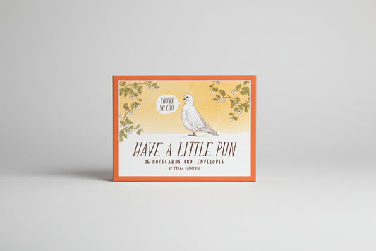 Boxed set of 16 notecards featuring whimsical animal illustrations and puns by Frida Clements