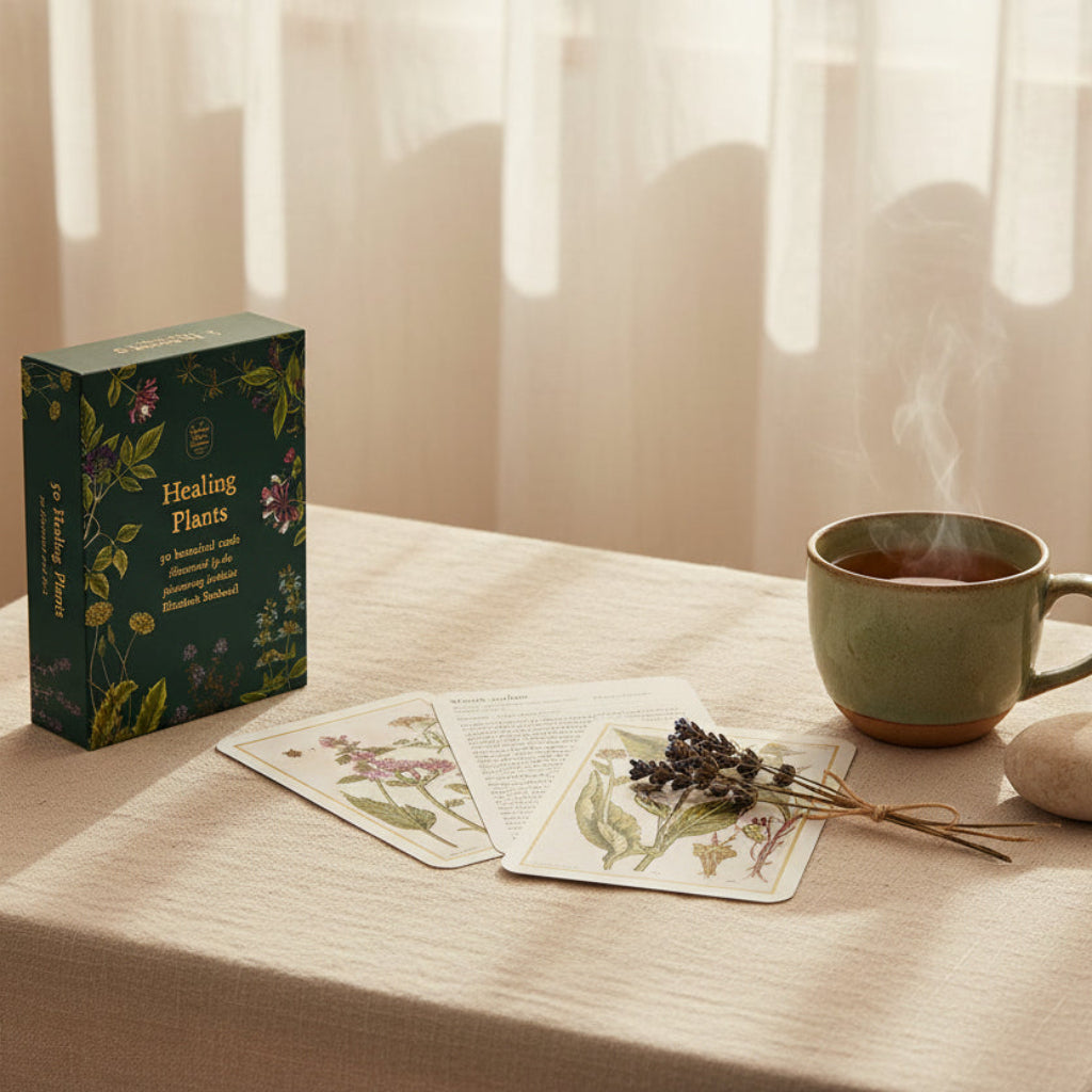 Healing Plant deck of illustrative cards on a small table with healing tea and natural elements against a light beige background