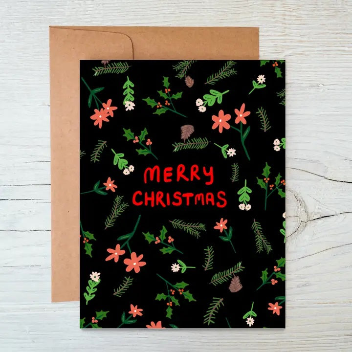 Christmas card with holly leaves and red berries on a white background
