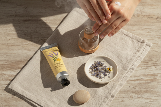 Hand cream tube labeled 'Honey Lavender' from 'Flower Market' on a light gray background