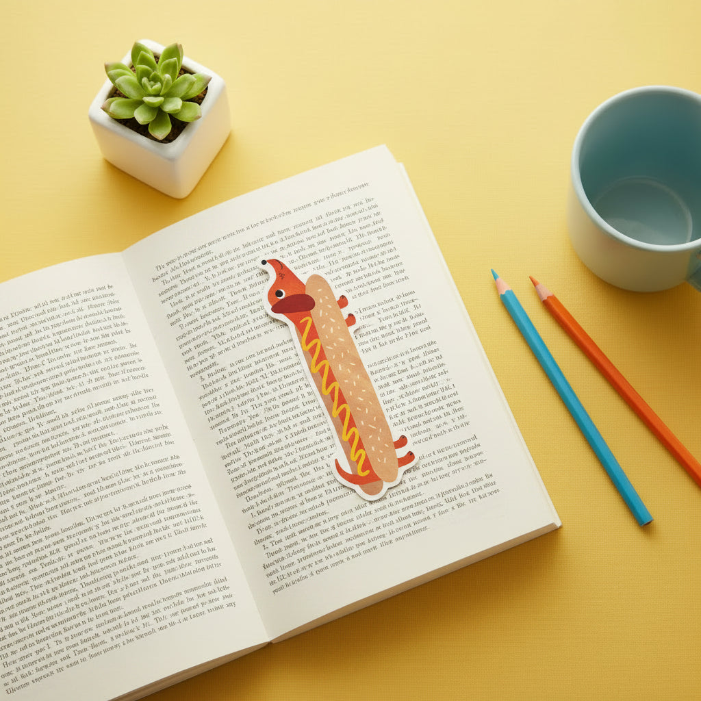 Hot Dog shaped bookmark laid on an open book with a small plant and stationery items on a desktop 