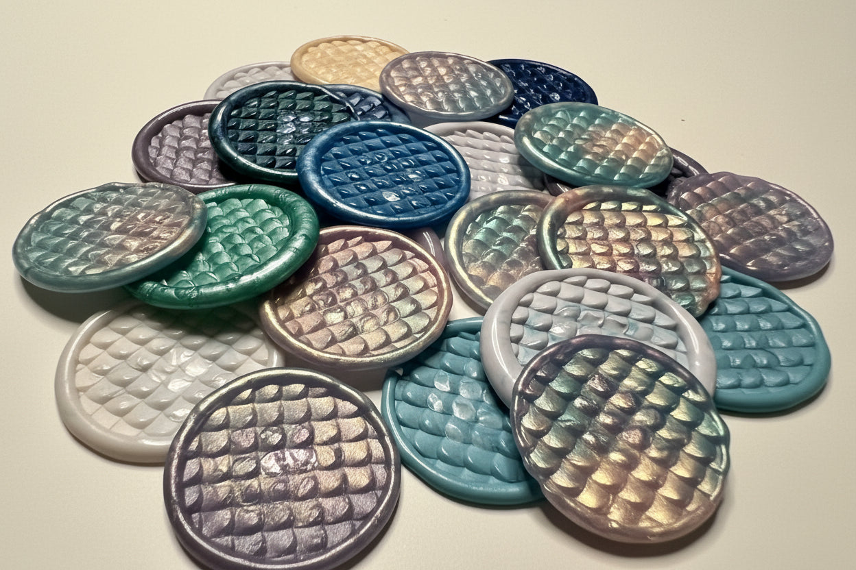 Collection of 'Tide & Trinket' wax seal stickers with ocean inspired colors and textures.