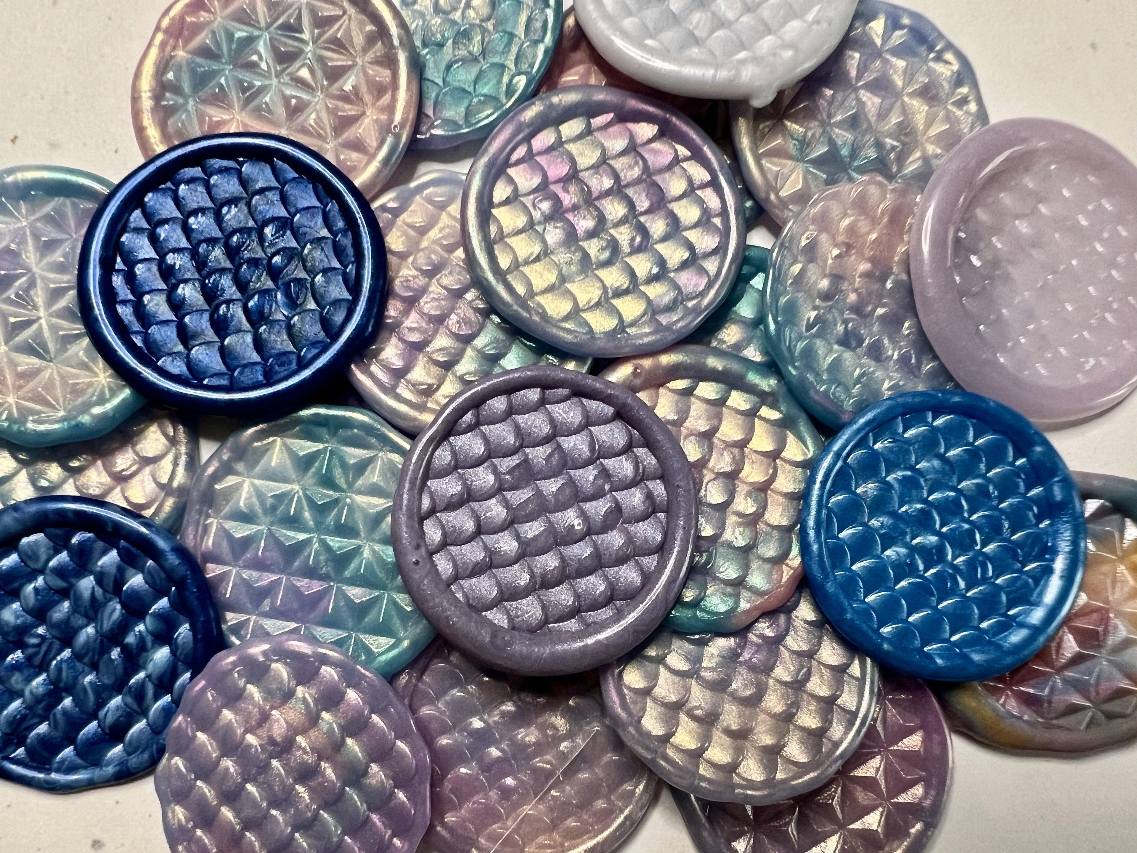 Ocean-inspired wax stickers swirled in seafoam and deep blue, evoking a dreamy mermaid vibe.