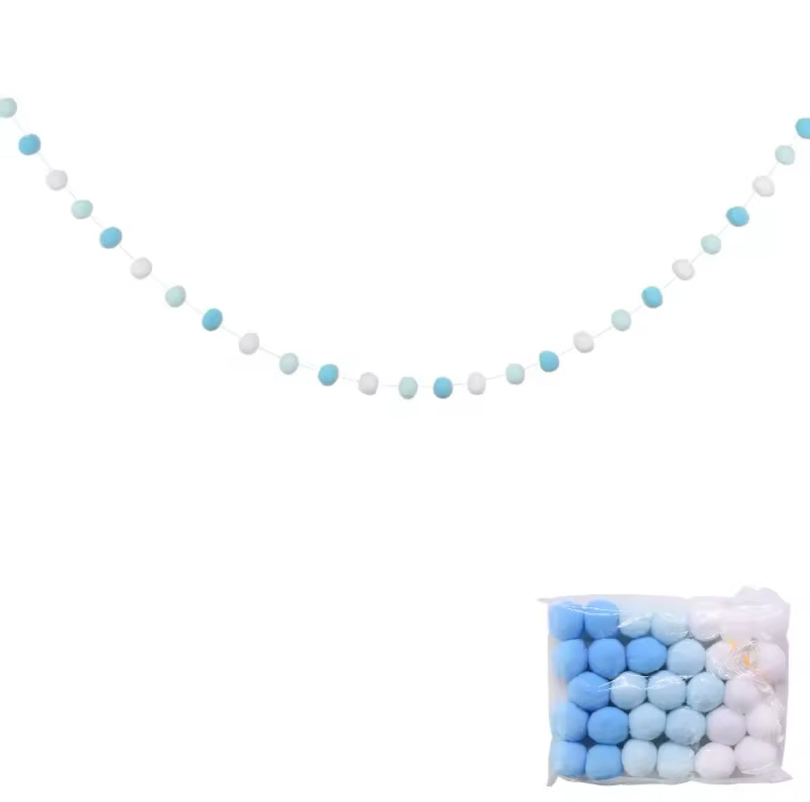 Close up view of Blue Gradient Pom Pom Garland coiled up