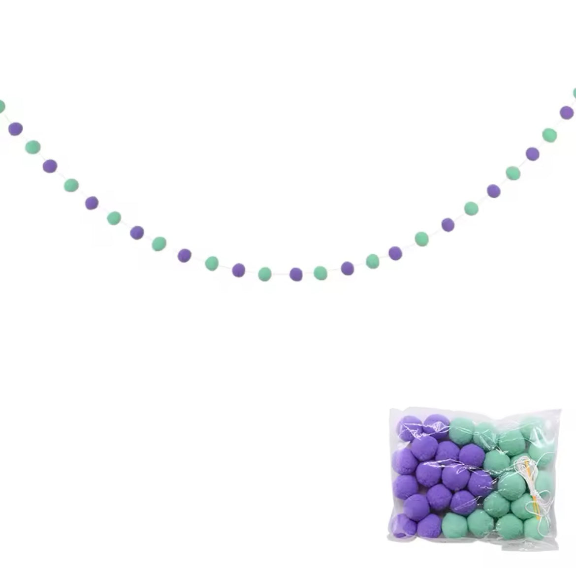 Close-up of soft wool balls in alternating purple and teal