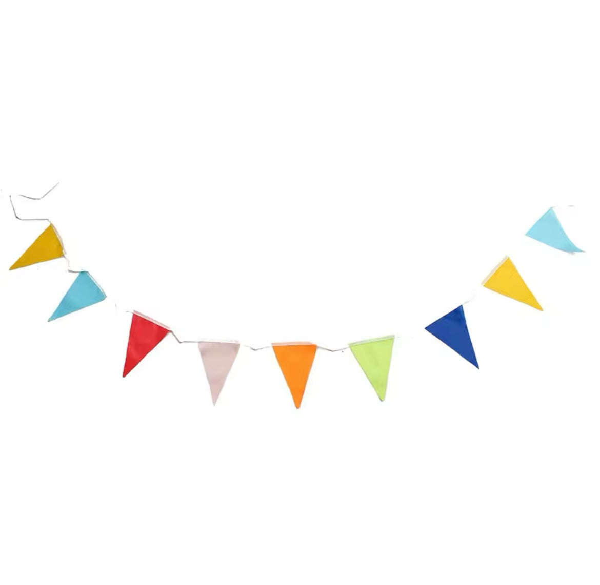 Long colorful fabric banner strung across white wall