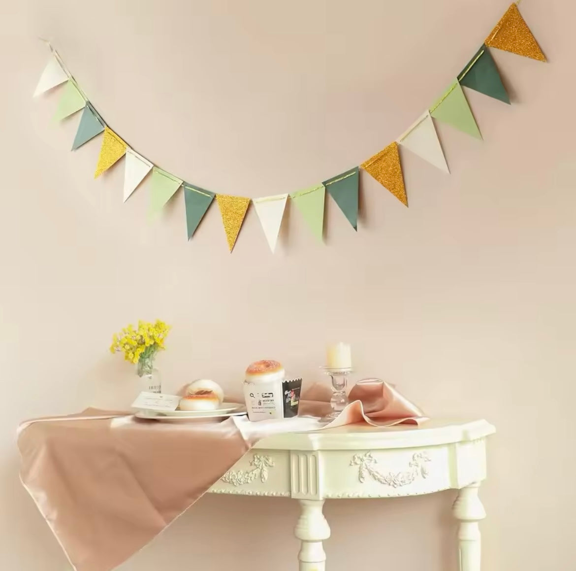 Paper bunting folded neatly, showing kraft rope and 16 flag pieces