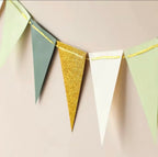 Close-up of triangle flags showing matte, glitter, and neutral textures
