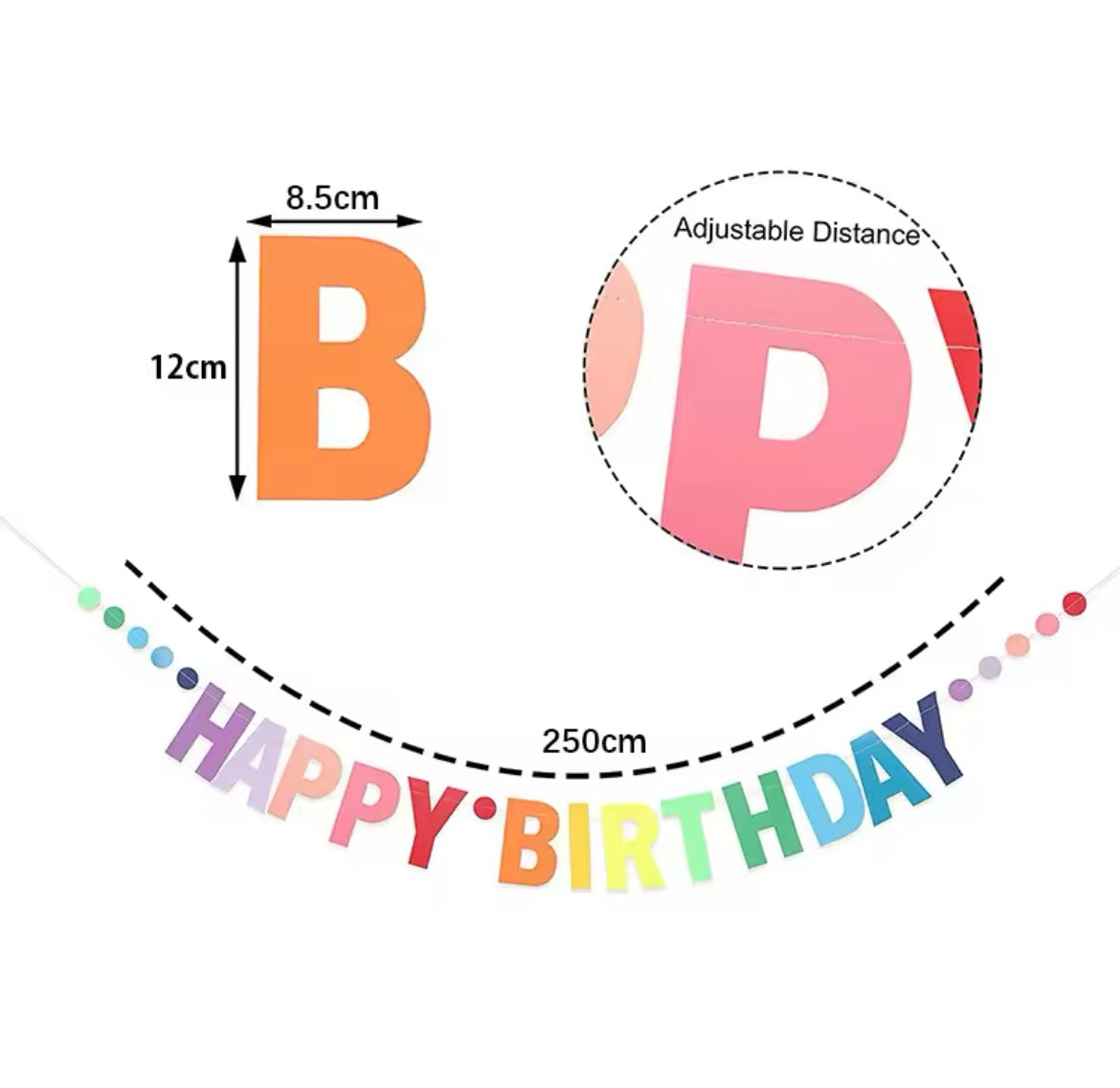Close-up of vibrant rainbow letters on birthday banner