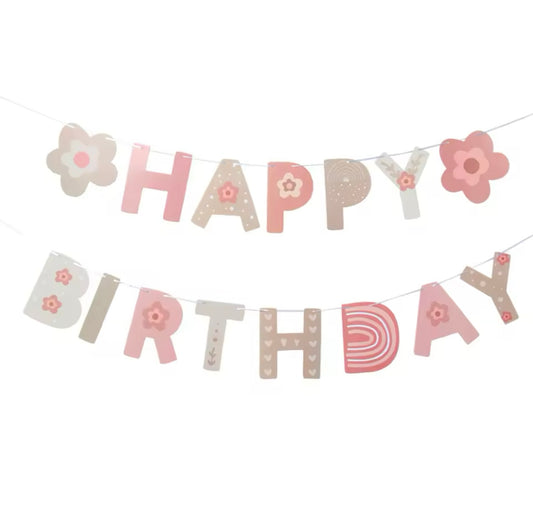 Pink floral birthday banner with rainbow and star details