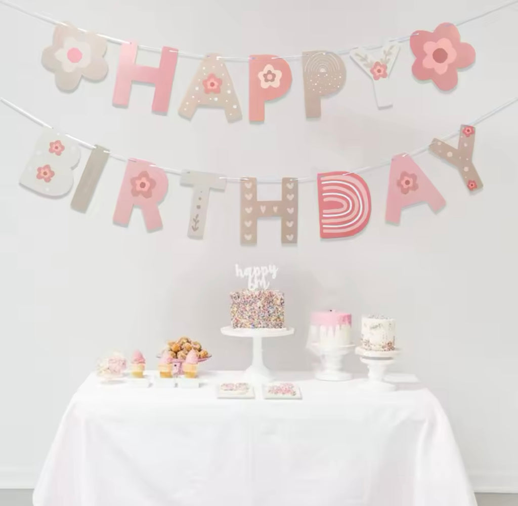 Happy Birthday garland featuring boho designs