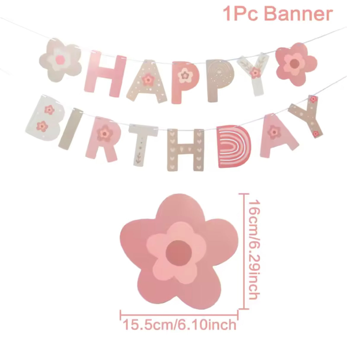 Boho Pink Flower Happy Birthday Banner – Rainbow & Floral Party Garland