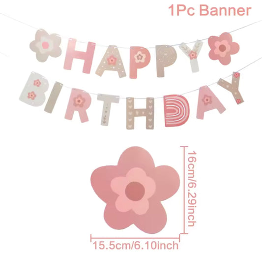 Boho Pink Flower Happy Birthday Banner