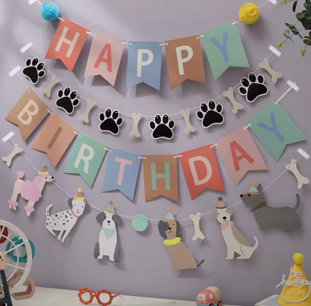 Fun Dog Party Banner – Paper Garland with Playful Dogs & Bones