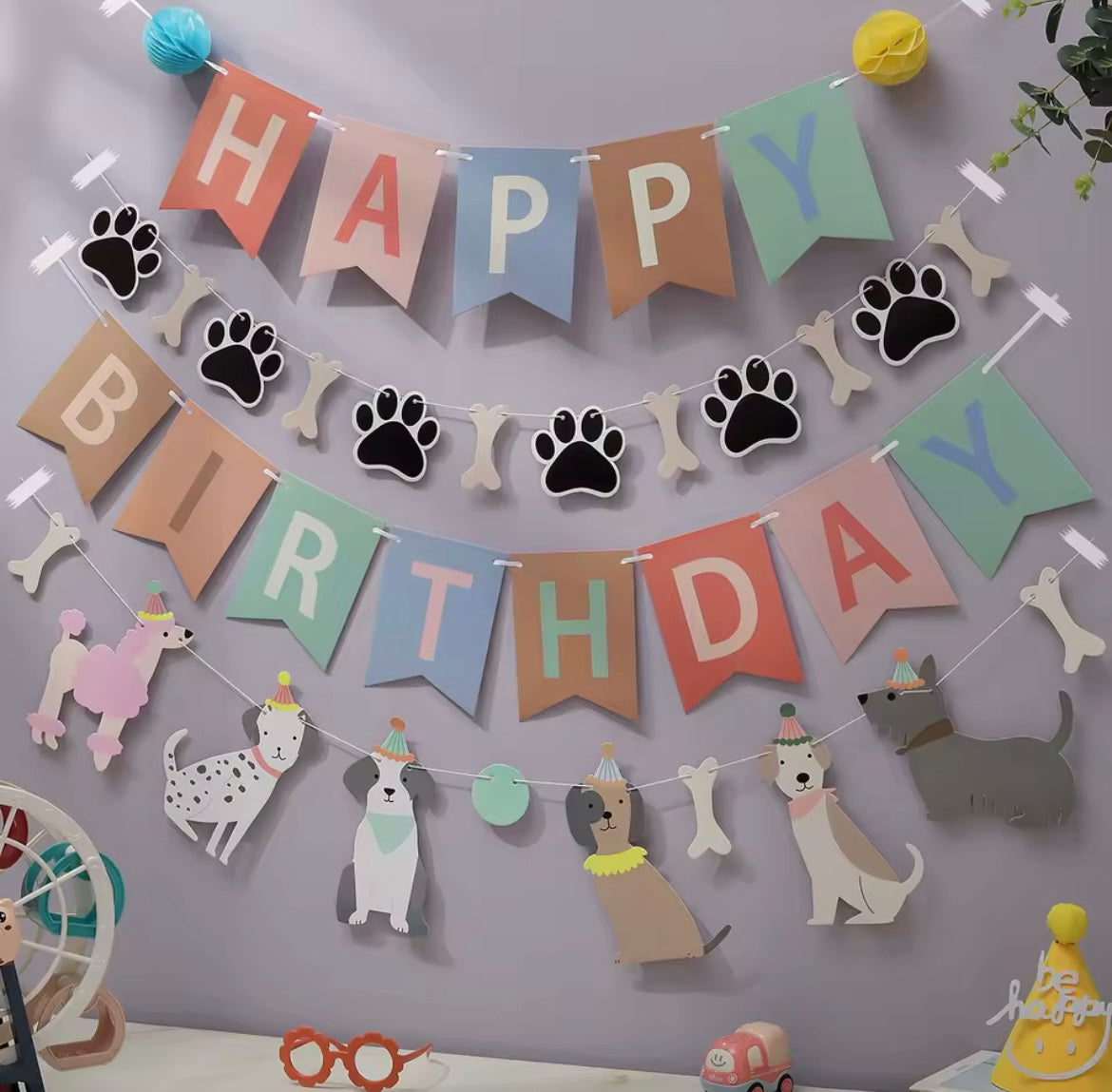 Fun Dog Party Banner – Paper Garland with Playful Dogs & Bones