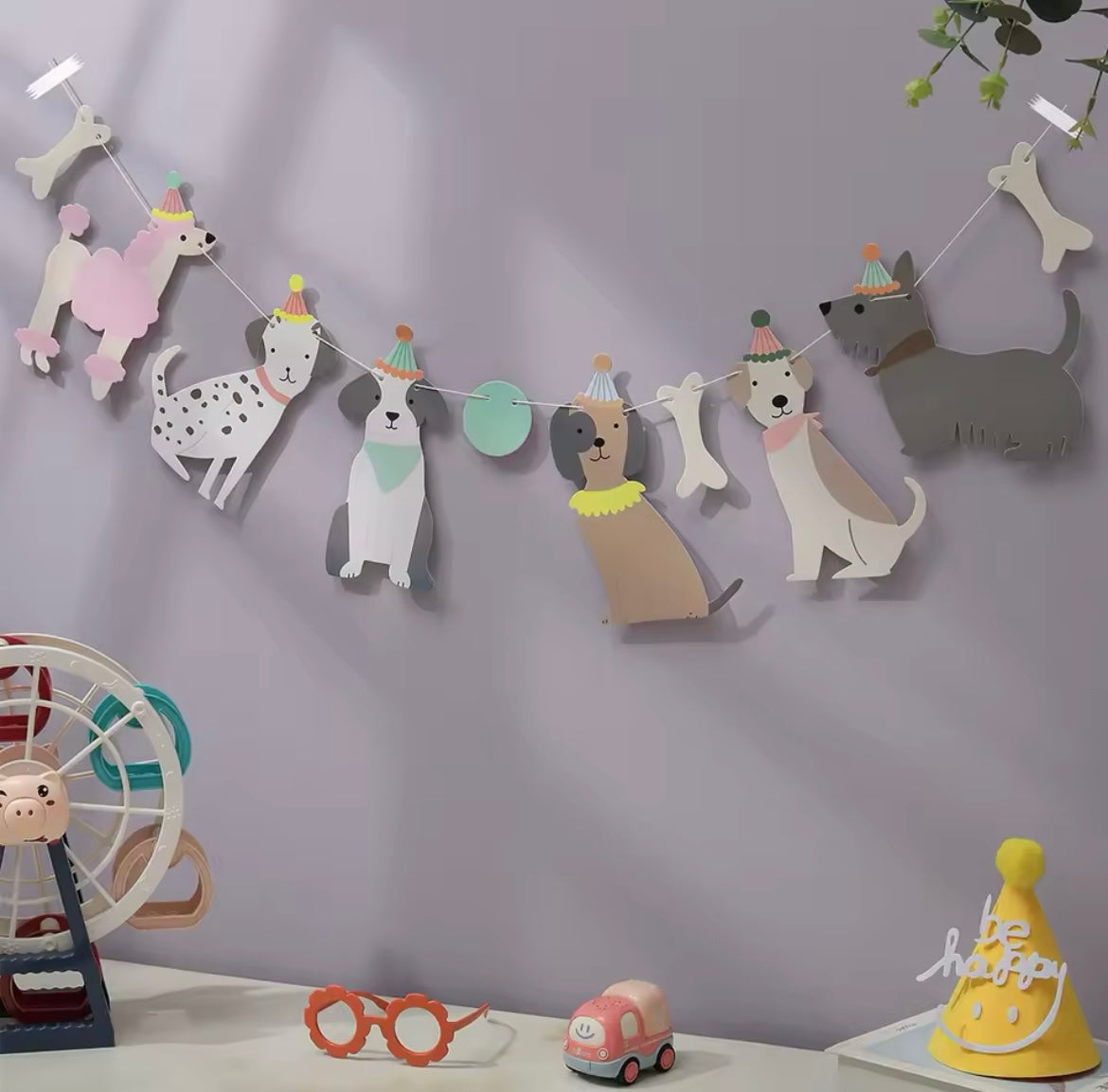 Fun Dog Party Banner – Paper Garland with Playful Dogs & Bones
