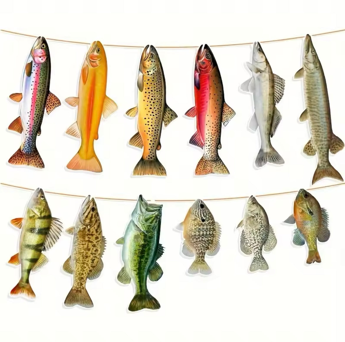 Fishing-themed paper banner with colorful fish cutouts