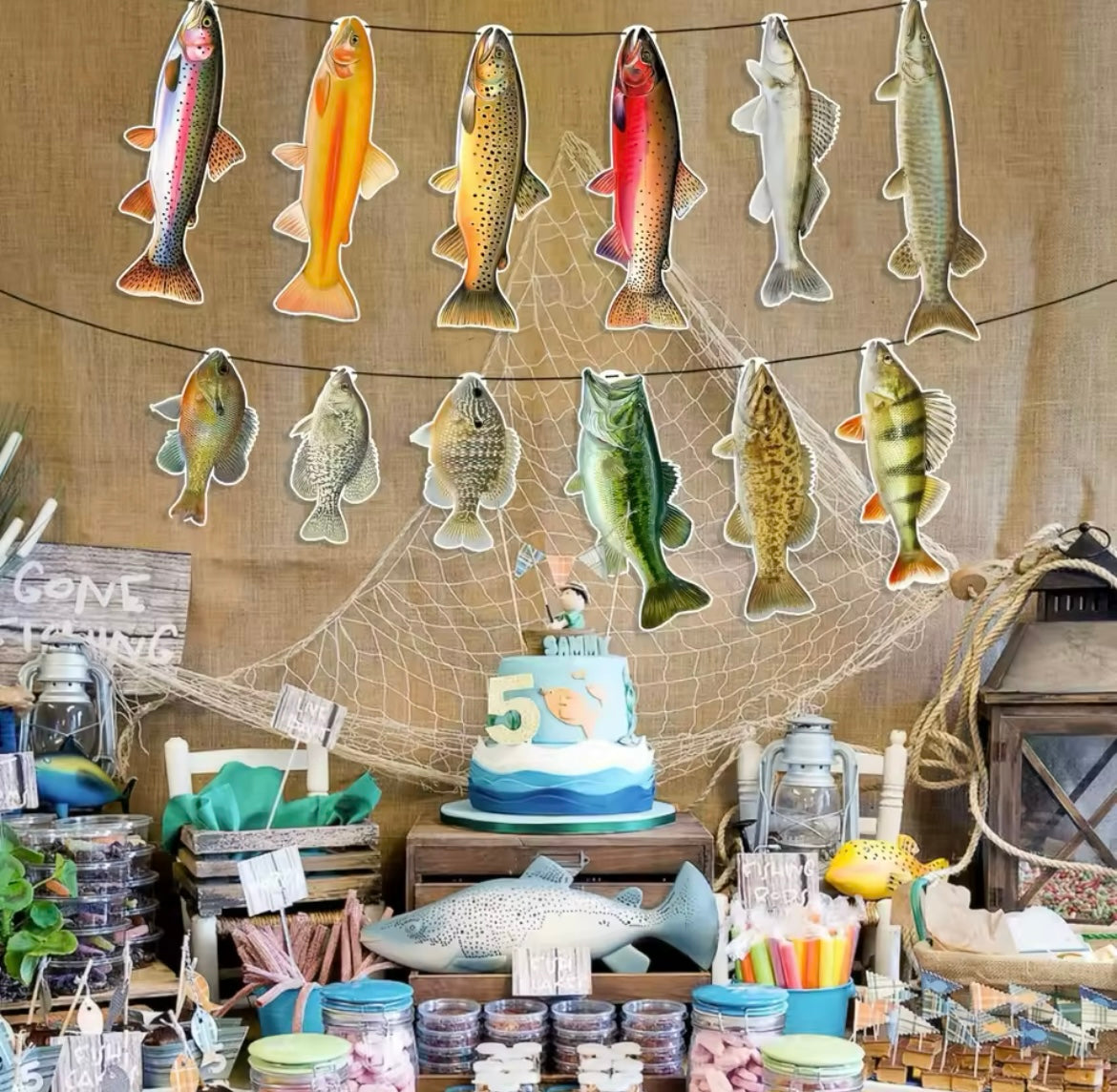 Gone Fishing banner used for an outdoor birthday celebration