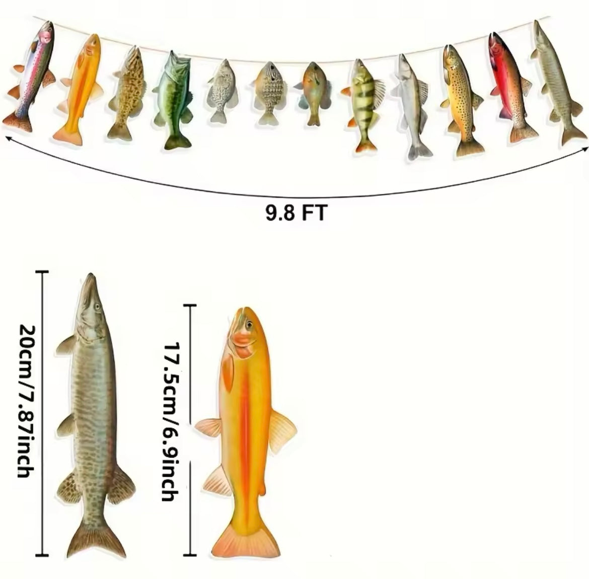 Close-up of bass, trout, and sunfish designs on banner
