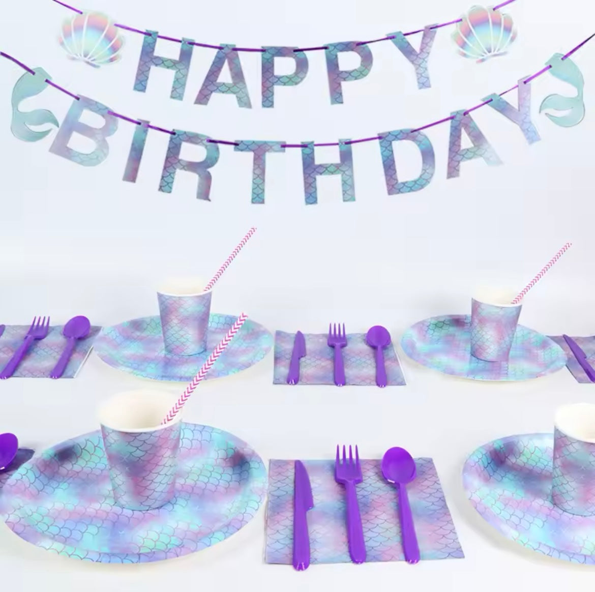 Mermaid party package with plates, napkins, cups, and banner