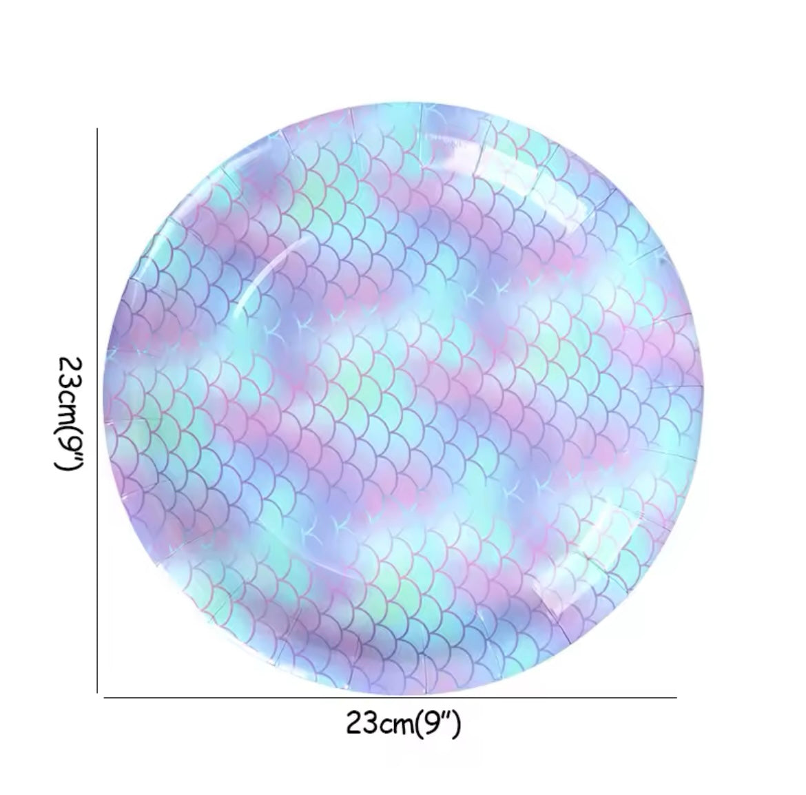 Close up view of the Mermaid party plate with dimensions 