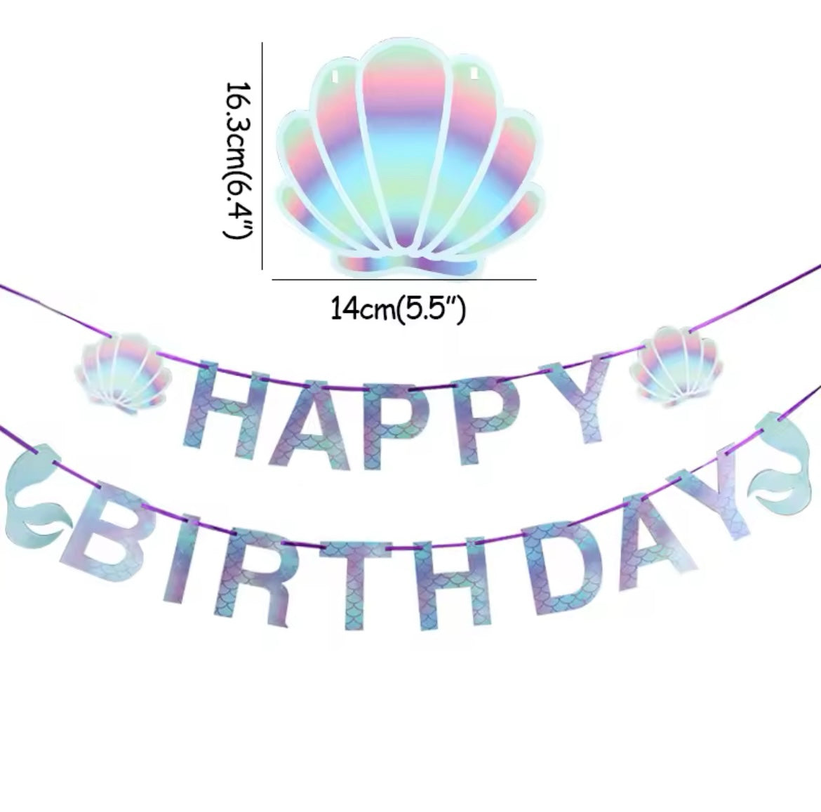 Close up view of the Happy Birthday Mermaid banner with shell decorations