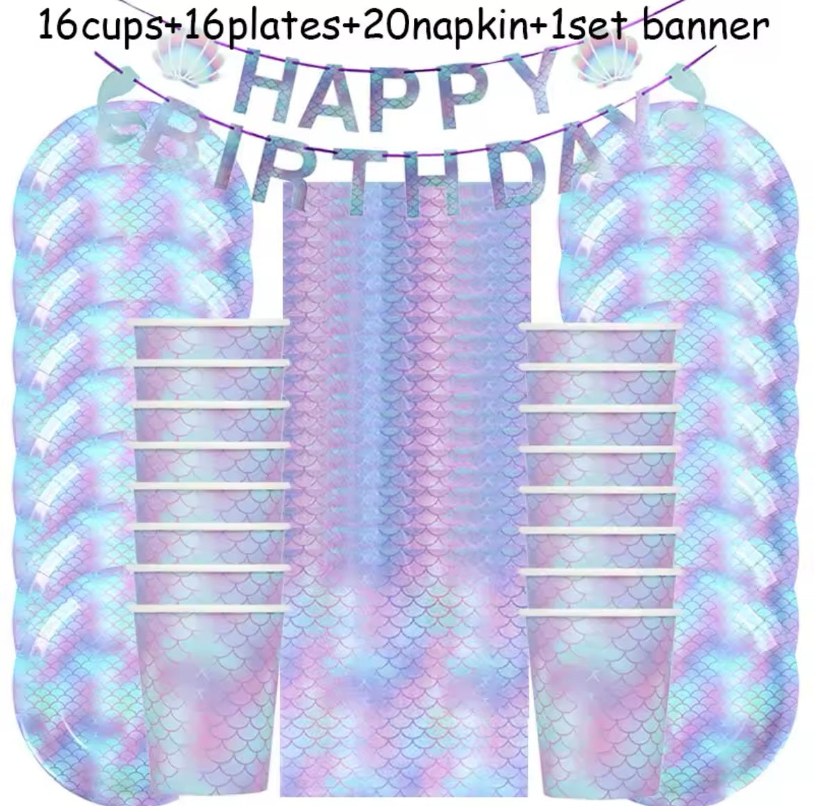 Details of the Mermaid Party Package which  includes 16 cups, 16 plates, 20 napkins, and 1 Happy Birthday banner with shell decoration