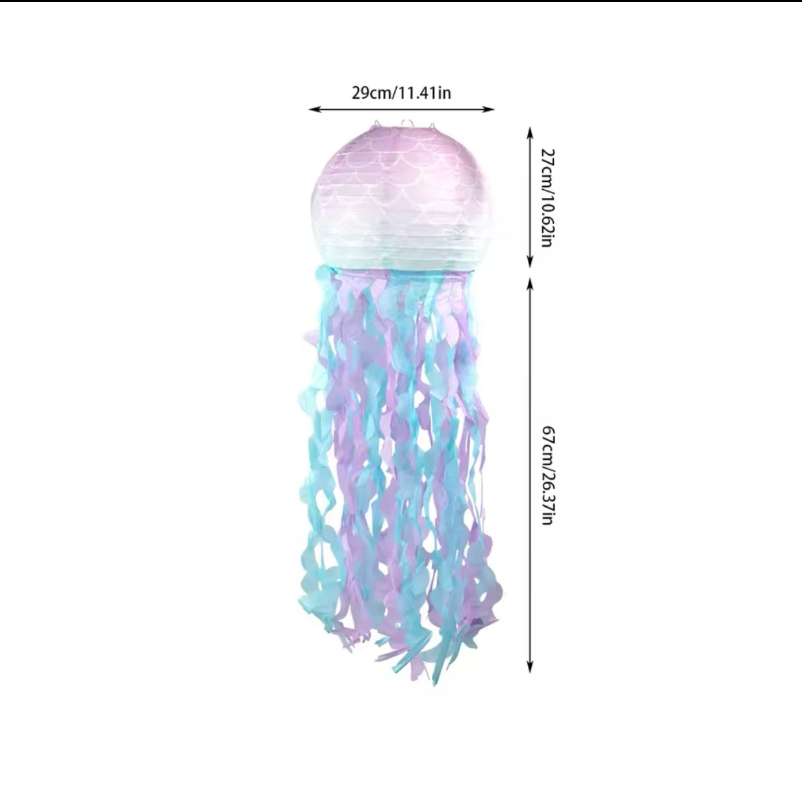 White jellyfish lantern showing the deminsions of each jellyfish lantern