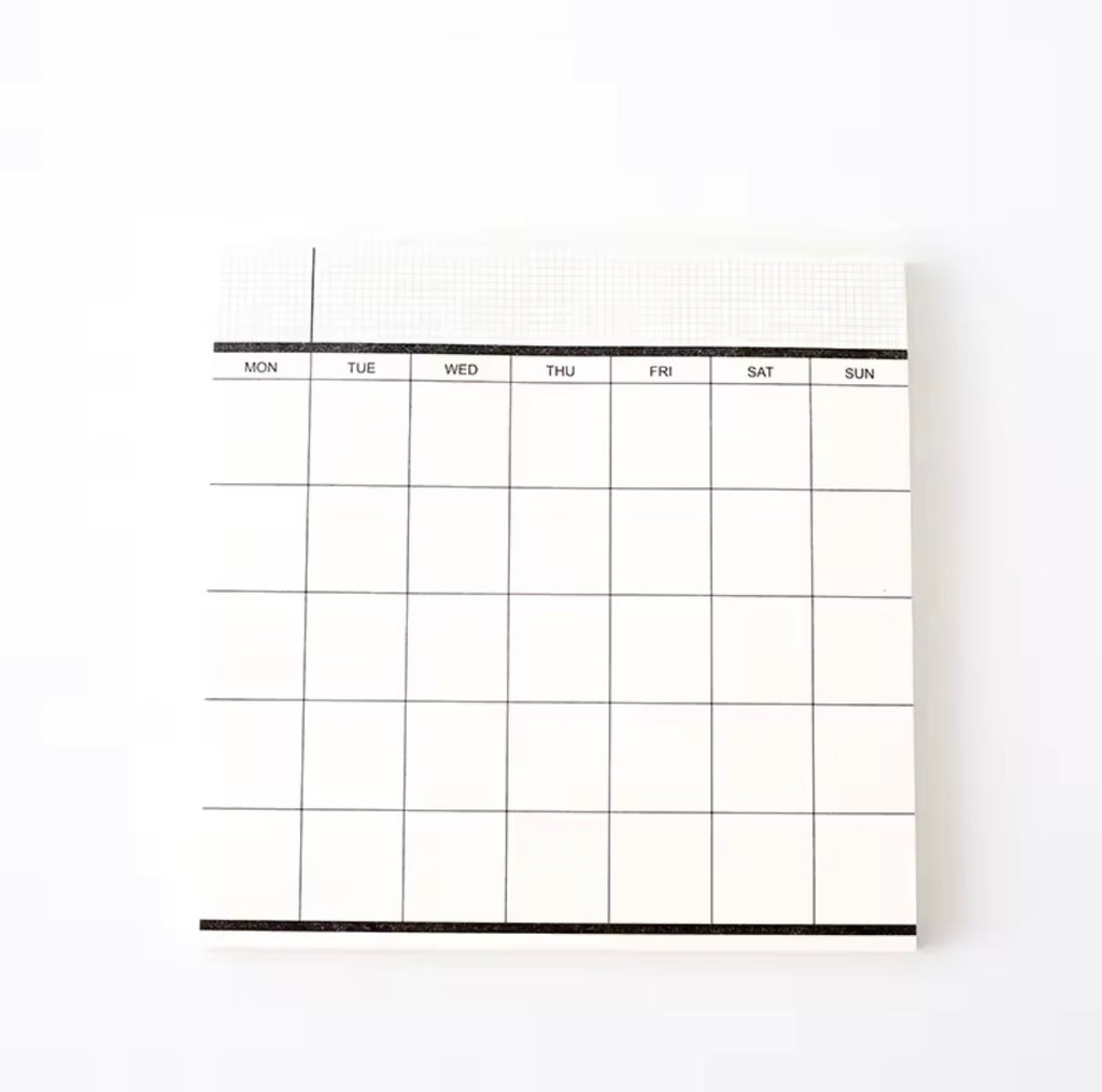 A monochrome weekly planner notepad with grid lines and headers for each day of the week displayed on a white background.