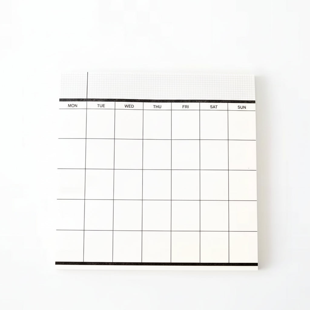 A monochrome weekly planner notepad with grid lines and headers for each day of the week displayed on a white background.