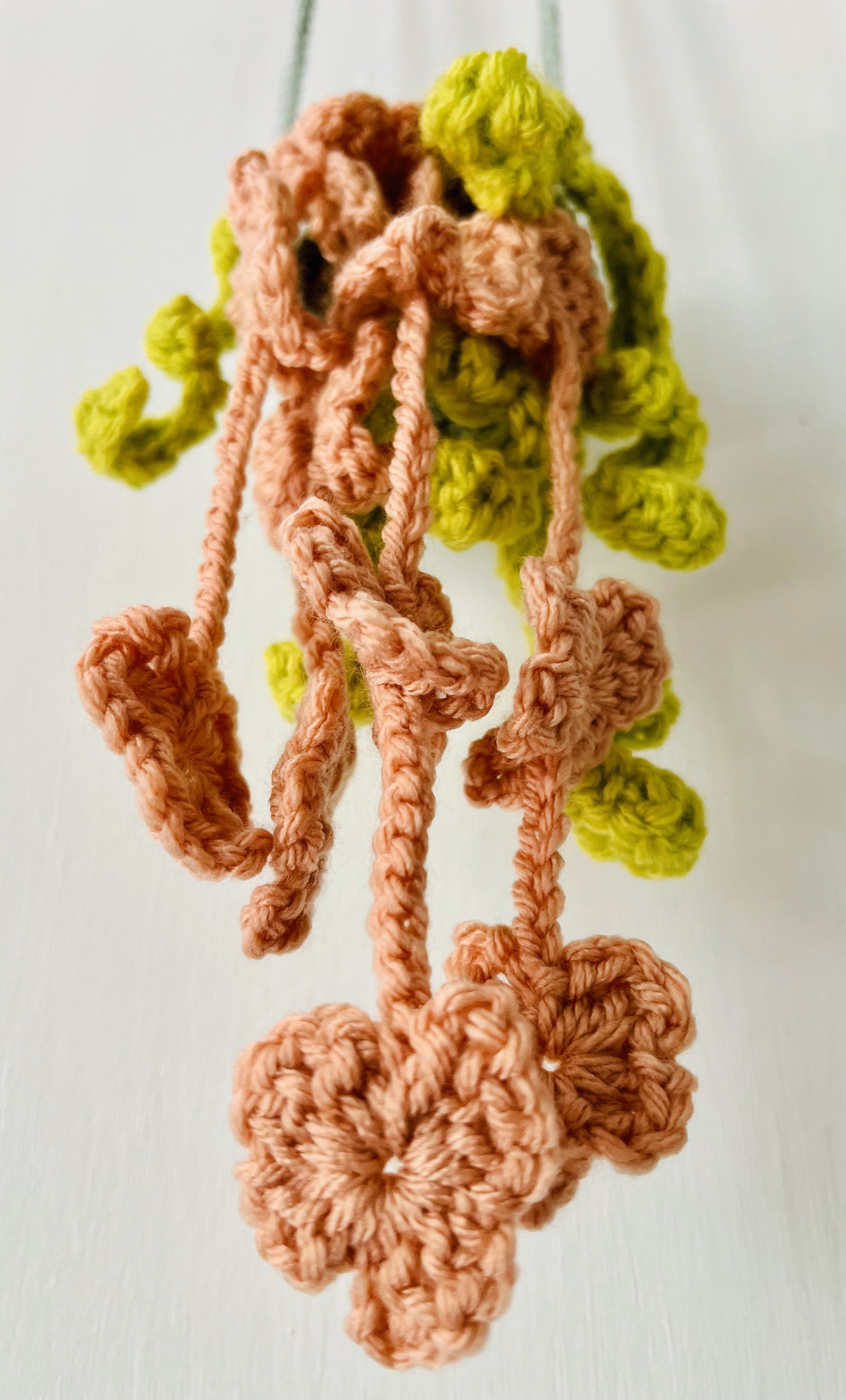 Botanical-inspired fiber art plant with gentle, heart-shaped leaves cascading from crocheted strands.