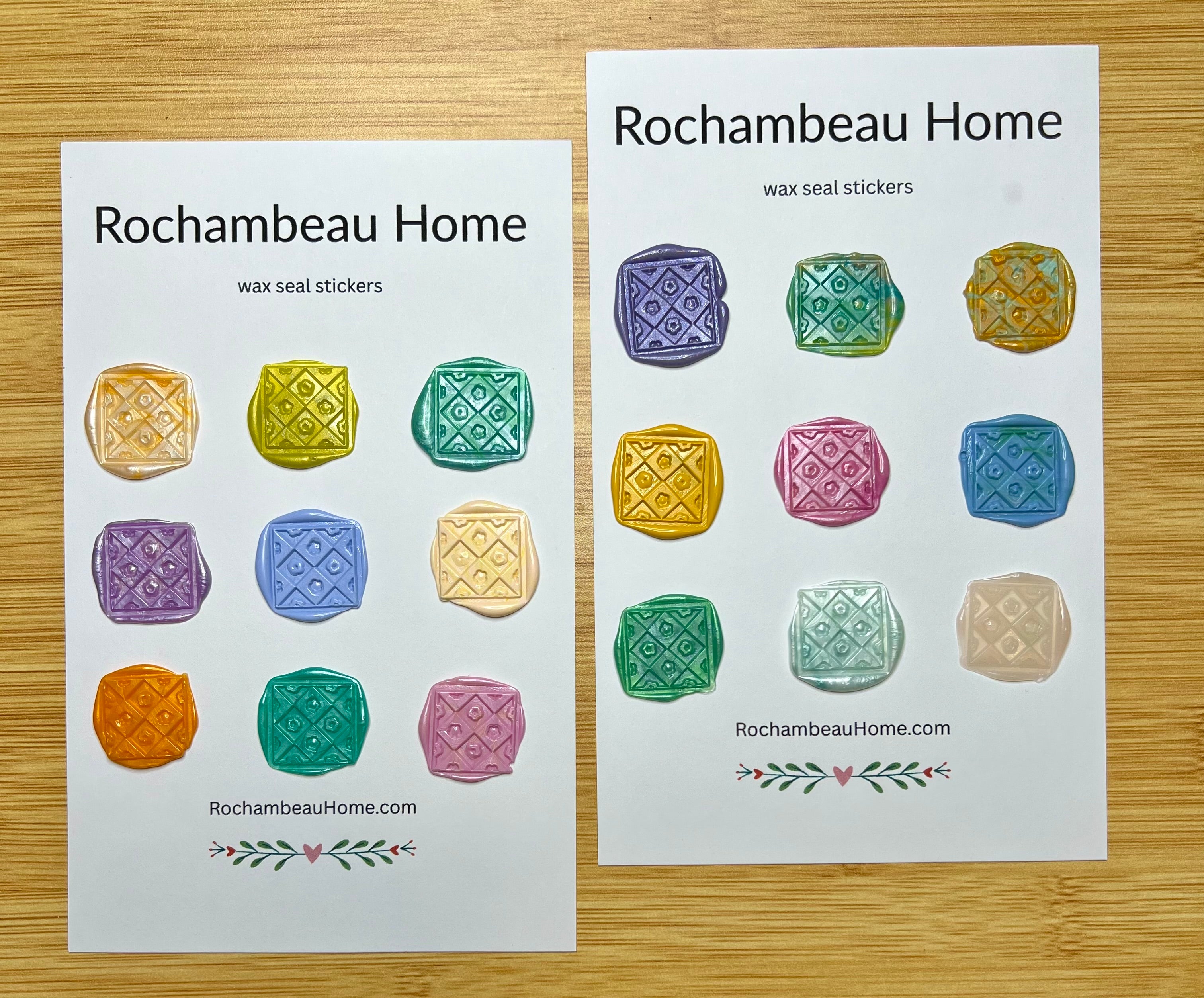 Close up view of the Cozy Quilted Flower wax seal stickers in a variety of colors 