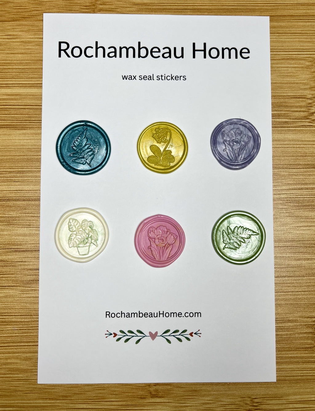 Close up view of the Garden-Inspired Wax Seal Stickers on a 6 pack card