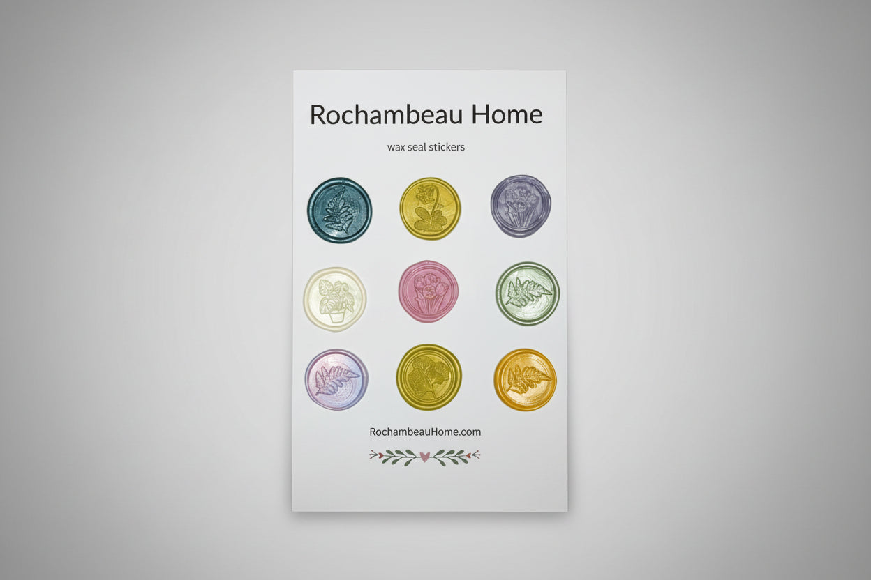 Close up view of the Garden-Inspired Wax Seal Stickers created by Rochambeau Home on a 9 pack card