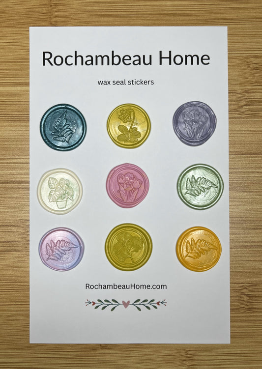 Close up view of the Garden-Inspired Wax Seal Stickers on a 9 pack card