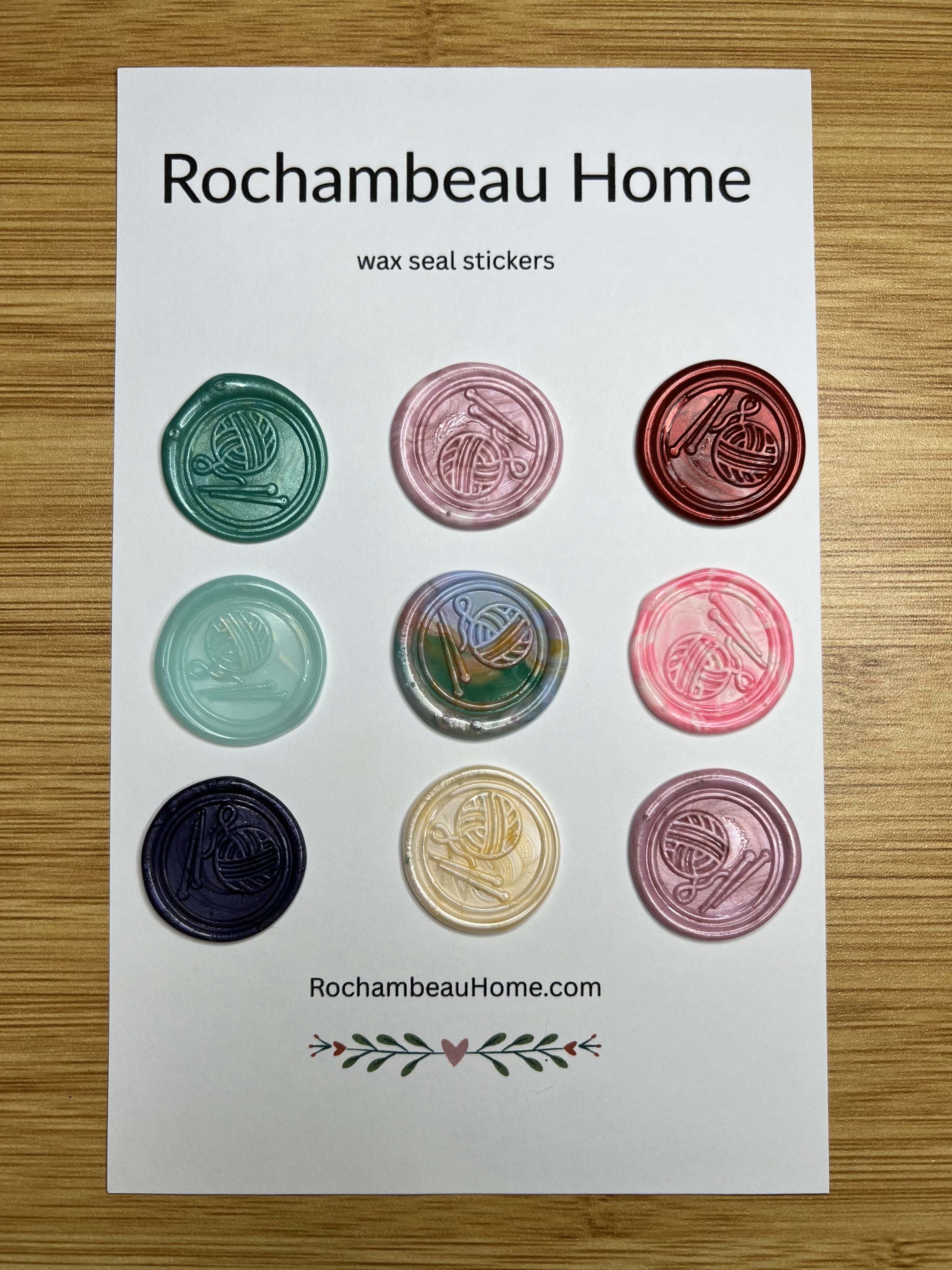 Close up view of the Handcrafted Knitting Circle in a multi-color 9 pack card